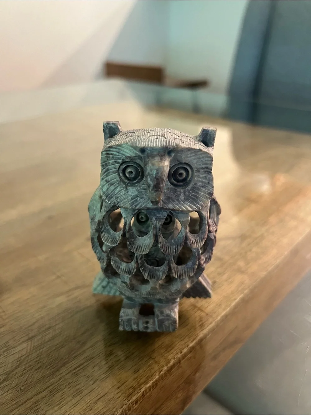 hand-carved Indian soapstone owl sculpture intricate filigree mom & baby